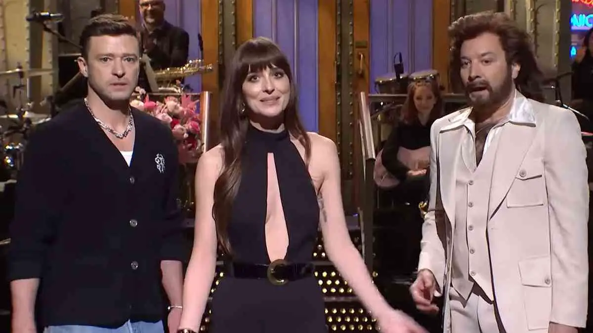 Dakota Johnson's SNL Debut Ushered in by Surprise Visit from Justin Timberlake and Jimmy Fallon